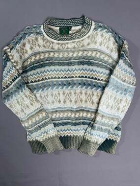 Vintage Gaeltarra Ireland Handknit Wool Aran Sweater - Size 46”/L, Multi-Color